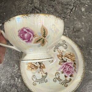 Vintage Inarco Japan Teacup Saucer Roses Gold Trim Lusterware Iridescent Rainbow
